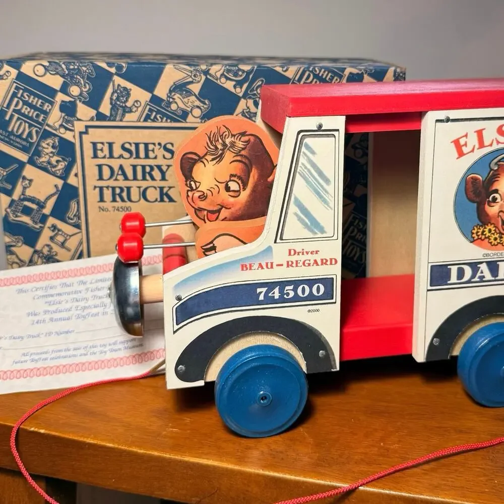 VTG Fisher Price ToyFest 2000 Elsie's Dairy Truck Wooden Pull Toy No 74500 Box